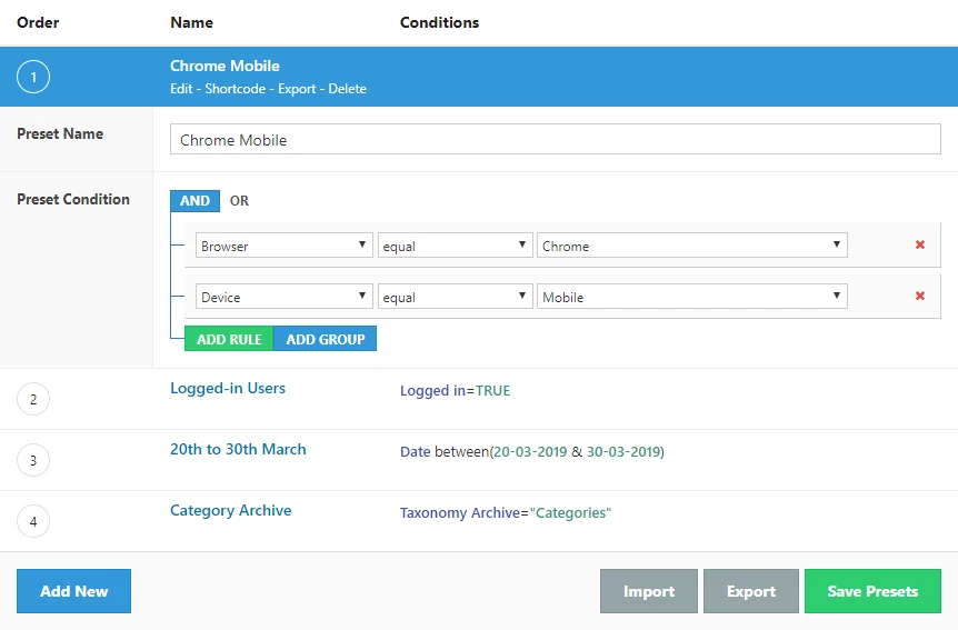 Presets manager listing saved visibility presets
