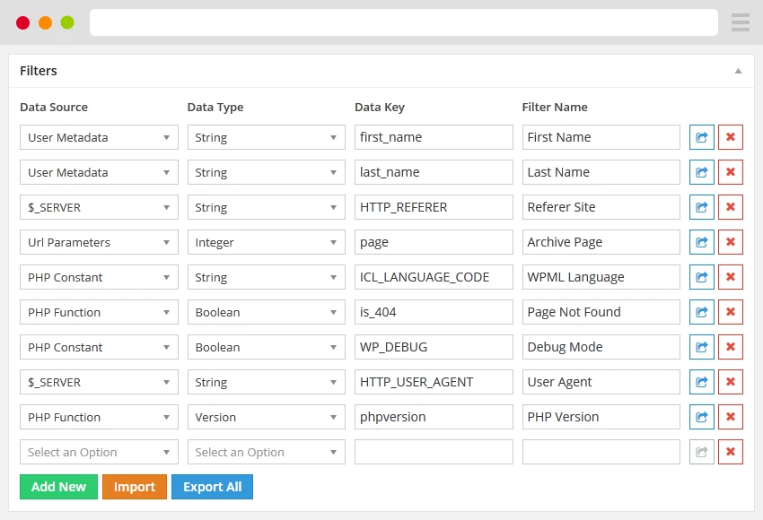 Custom filters manager with data source and value type fields