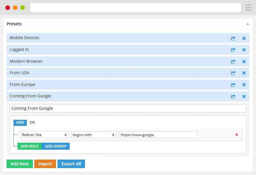 Presets manager listing reusable visibility conditions